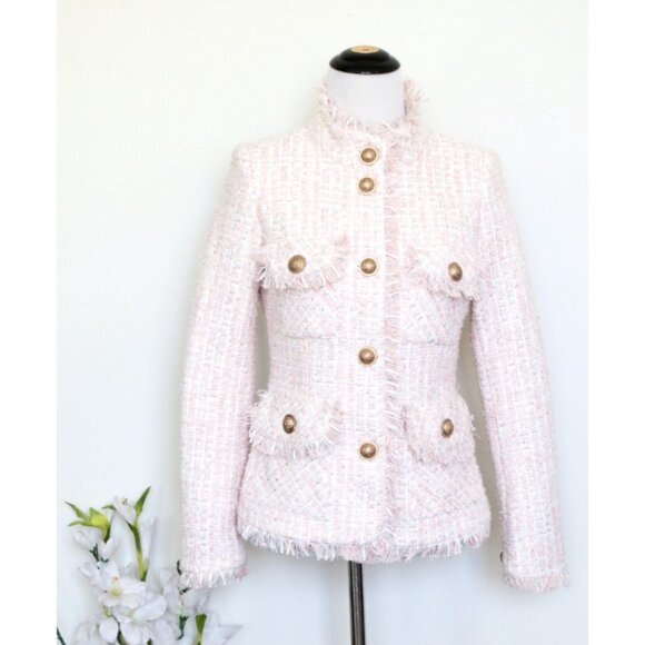 NEW! Alina Hepburn Tweed Button Front Textured Blazer Jacket Wool Blend Pink  M - Picture 1 of 7